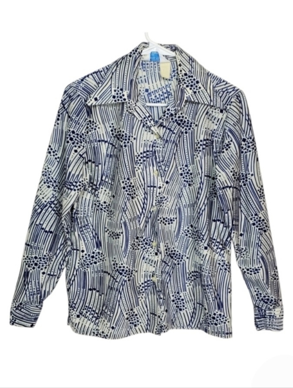 2500 * Sears Vintage 70s Abstract Print Long Sleeve Blouse Blue White Size 12